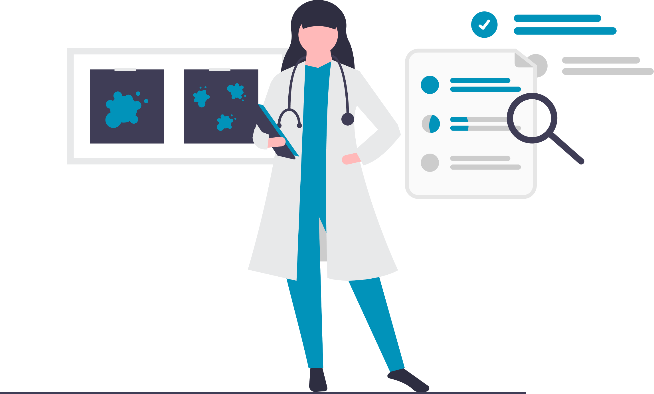 Illustration of a physician reviewing charts and assessment plans