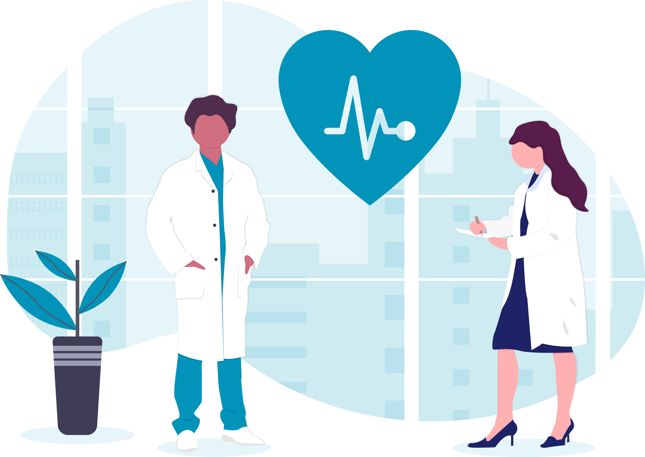 Illustration of clinicians working with digital medical charts